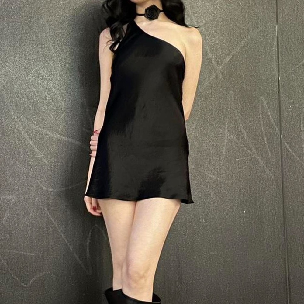 Black Satin One-Shoulder Dress